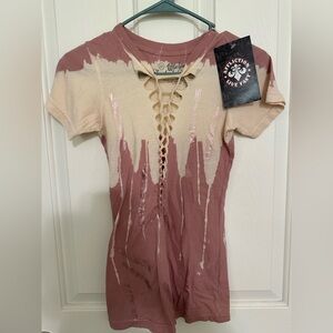Affliction Women's Pink and Cream Tie-Dye Lace-Up Tee